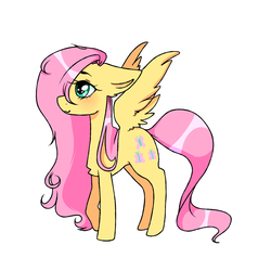 Size: 2000x2000 | Tagged: safe, artist:alicorndrawings, fluttershy, pegasus, pony, g4, cute, female, floppy ears, hair over one eye, high res, looking away, mare, shyabetes, simple background, smiling, solo, spread wings, standing, stray strand, white background, wings