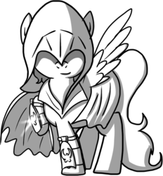 Size: 788x850 | Tagged: safe, artist:fimflamfilosophy, oc, oc only, pegasus, pony, buck legacy, assassin, black and white, blade, card art, clothes, covered eyes, grayscale, hidden blade, hood, looking at you, male, monochrome, robe, simple background, solo, stealth suit, steampunk, transparent background