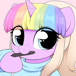 Size: 4000x4000 | Tagged: safe, artist:moozua, oc, oc only, oc:lullaby tiara, pony, unicorn, clothes, cute, eye clipping through hair, female, freckles, icon, looking at you, mare, mouth hold, ocbetes, pen, ponytail, smiling, solo