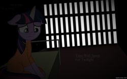 Size: 4701x2931 | Tagged: safe, artist:cloudy glow, artist:stephen-fisher, twilight sparkle, pony, g4, tanks for the memories, cell, clothes, crying, female, floppy ears, horn, horn cap, jail, magic suppression, prison, prison outfit, prisoner, prisoner ts, sad, sad ending, solo