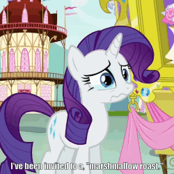 Size: 640x640 | Tagged: safe, edit, edited screencap, screencap, rarity, pony, g4, inspiration manifestation, animated, caption, cropped, crying, female, food, gif, image macro, marshmallow, ponyville, rarity is a marshmallow, solo, text, this will end in death, this will end in tears, this will end in tears and/or death, wavy mouth