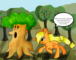 Size: 3000x2350 | Tagged: safe, artist:rainbowtashie, applejack, earth pony, pony, g4, apple, apple tree, applejack's hat, cowboy hat, crossover, dialogue, female, food, freckles, hat, high res, kirby (series), kirby 64: the crystal shards, mare, orchard, speech bubble, stetson, tree, whispy woods