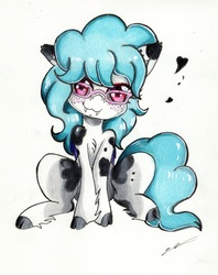 Size: 2229x2809 | Tagged: safe, artist:luxiwind, oc, oc only, oc:sonya, earth pony, pony, fangs, female, glasses, high res, mare, sitting, solo, traditional art