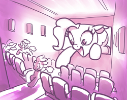 Size: 1523x1197 | Tagged: safe, artist:hunternif, pinkie pie, earth pony, pony, g4, breaking the fourth wall, fourth wall, macro, open mouth, pinkie being pinkie, running away, theater, theater seat