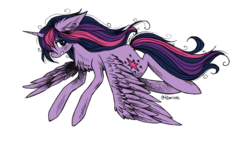Size: 2154x1278 | Tagged: safe, artist:schizoidtomii, twilight sparkle, alicorn, pony, g4, digital art, female, flying, mare, simple background, solo, transparent background, twilight sparkle (alicorn)