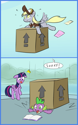 Size: 1000x1600 | Tagged: safe, artist:mew-me, derpy hooves, spike, twilight sparkle, alicorn, dragon, pegasus, pony, g4, the point of no return, 2 panel comic, accident, book, box, comic, dialogue, floppy ears, letter, no pupils, open mouth, package, speech bubble, squished, twilight sparkle (alicorn)