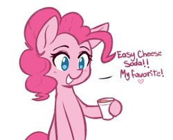 Size: 593x481 | Tagged: safe, artist:higglytownhero, pinkie pie, earth pony, pony, g4, cup, cute, dialogue, diapinkes, easy cheese, female, hoof hold, mare, simple background, smiling, soda, solo, white background