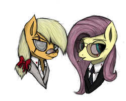 Size: 1280x1024 | Tagged: safe, artist:s.l.guinefort, applejack, fluttershy, g4, bandaid, bandaid on nose, blood, blood stains, bust, cigarette, clothes, crossover, duo, eye scar, female, glasses, kane and lynch: dead men, looking at you, portrait, scar, shirt, simple background, smoking, suit, sunglasses, video game crossover, white background