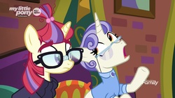 Size: 1920x1080 | Tagged: safe, screencap, first folio, moondancer, pony, unicorn, g4, the point of no return, cushion, duo, glasses, open mouth, the tasty treat