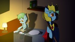Size: 1920x1080 | Tagged: safe, artist:jerryenderby, oc, oc only, oc:azure glide, pegasus, pony, bed, bedroom, book, cape, clothes, colt, cute, foreshadowing, helmet, jewelry, lamp, male, older and younger versions, pillow, regalia, royal guard armor, scar, shadow, spear, stallion, weapon
