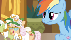 Size: 1334x750 | Tagged: safe, screencap, apple rose, goldie delicious, granny smith, rainbow dash, earth pony, pony, g4, grannies gone wild, wavy mouth