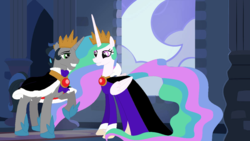 Size: 1184x666 | Tagged: safe, artist:disneymarvel96, king sombra, princess celestia, alicorn, pony, unicorn, g4, cape, castle, clothes, cosplay, costume, couple, crown, disney, evil queen, female, good king sombra, grimhilde, jewelry, male, necklace, regalia, robe, ship:celestibra, shipping, snow white, snow white and the seven dwarfs, stained glass, straight