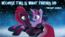 Size: 6797x3889 | Tagged: safe, artist:ejlightning007arts, tempest shadow, twilight sparkle, alicorn, pony, unicorn, g4, my little pony: the movie, armor, beautiful, blue background, broken horn, butt, duo, female, horn, lesbian, looking at each other, night, plot, quote, ship:tempestlight, shipping, simple background, stars, twilight sparkle (alicorn), wallpaper
