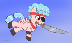 Size: 1000x600 | Tagged: safe, artist:empyu, cozy glow, pegasus, pony, g4, 45 minute art challenge, cozybetes, cute, eyepatch, female, filly, gradient background, mouth hold, pirate, solo, sword, weapon