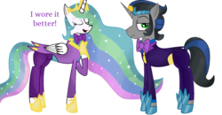 Size: 1024x531 | Tagged: safe, artist:endergurl22, king sombra, princess celestia, pony, g4, bowtie, clothes, couple, crown, female, good king sombra, jewelry, male, regalia, ship:celestibra, shipping, straight, suit, tuxedo