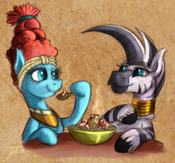 Size: 1019x944 | Tagged: safe, artist:jamescorck, meadowbrook, zecora, earth pony, pony, zebra, g4, beehive hairdo, crack shipping, eating, female, gumbo, lesbian, meadora, mohawk, sharing food, shipping