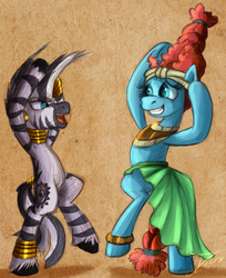 Size: 1206x1478 | Tagged: safe, artist:jamescorck, meadowbrook, zecora, earth pony, pony, zebra, g4, beehive hairdo, clothes, crack shipping, dress, female, lesbian, meadora, mohawk, shipping, sketch, yoga