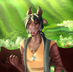 Size: 1919x1899 | Tagged: safe, artist:blackblood-queen, oc, oc only, oc:claudis, dragon, anthro, anthro oc, barely pony related, clothes, dragon oc, floppy ears, gem, male, red eyes, scar, shirt, story in the source, sunlight, torn ear