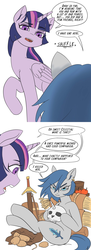 Size: 1280x3526 | Tagged: safe, artist:mod-of-chaos, twilight sparkle, oc, oc:naked steel, oc:torch light, alicorn, earth pony, pony, unicorn, g4, apple, comic, duo, ear piercing, earring, female, food, hay, jewelry, mare, piercing, potato, simple background, skull, speech bubble, sword, twilight sparkle (alicorn), warhammer (game), warhammer fantasy, weapon, wheat, white background