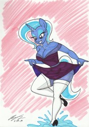 Size: 2105x2972 | Tagged: safe, artist:newyorkx3, trixie, unicorn, anthro, g4, breasts, busty trixie, cleavage, clothes, cute, diatrixes, dress, dress lift, female, high heels, high res, lidded eyes, mare, puddle, shoes, smiling, socks, solo, splash, thigh highs, traditional art
