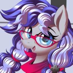 Size: 3000x3000 | Tagged: safe, artist:ask-colorsound, oc, oc only, oc:cinnabyte, earth pony, pony, bandana, earth pony oc, female, glasses, high res, icon, looking at you, mare, neckerchief, open mouth, pigtails, simple background, smiling, solo
