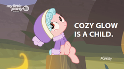 Size: 600x336 | Tagged: safe, edit, edited screencap, screencap, cozy glow, pegasus, pony, frenemies (episode), g4, captain obvious, clothes, coat, female, filly, no shit sherlock, sarcasm in the comments, solo, we know, you don't say