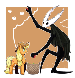 Size: 764x790 | Tagged: safe, artist:vavacung, applejack, earth pony, pony, series:isekai no mlp, g4, apple, apple tree, basket, cloud, crossover, duo, female, food, hollow knight, mare, pure vessel, tree