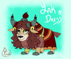 Size: 1024x854 | Tagged: safe, artist:mimkage, yona, yak, g4, bracelet, clothes, cloven hooves, dress, female, gradient background, jewelry, jingle bells, smiling, solo