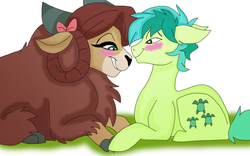 Size: 800x500 | Tagged: safe, artist:zee-stitch, sandbar, yona, yak, g4, blushing, bow, cloven hooves, female, hair bow, holding hooves, interspecies, looking at each other, male, missing accessory, monkey swings, prone, ship:yonabar, shipping, simple background, straight, teenager
