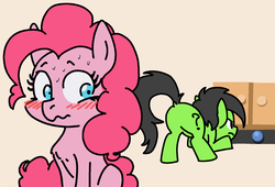 Size: 1765x1200 | Tagged: safe, artist:lockhe4rt, pinkie pie, oc, oc:filly anon, earth pony, pony, g4, ball, blushing, butt, eyes on the prize, face down ass up, female, filly, looking at butt, looking back, nervous, plot, question mark, simple background, sitting, sweat