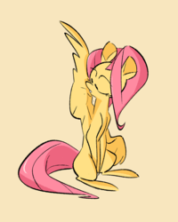 Size: 643x805 | Tagged: safe, artist:fluttershythekind, fluttershy, pegasus, pony, g4, behaving like a bird, female, mare, missing cutie mark, preening, simple background, sitting, solo, yellow background