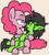 Size: 894x983 | Tagged: safe, artist:lockhe4rt, pinkie pie, oc, oc:filly anon, earth pony, pony, g4, boop, female, filly, holding, holding a pony, lidded eyes, noseboop, question mark, simple background, sitting, smiling