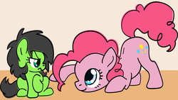 Size: 1280x720 | Tagged: safe, artist:lockhe4rt, pinkie pie, oc, oc:filly anon, earth pony, pony, g4, annoyed, behaving like a cat, face down ass up, female, filly, raised hoof, simple background, sitting, smiling