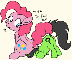 Size: 1181x993 | Tagged: safe, artist:lockhe4rt, pinkie pie, oc, oc:filly anon, earth pony, pony, g4, balloonbutt, butt, chest fluff, dialogue, dock, faceful of ass, facesitting, female, filly, looking back, plot, question mark, simple background, sitting, tail, text, white background