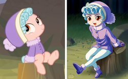 Size: 402x249 | Tagged: safe, artist:uotapo, edit, cozy glow, pegasus, pony, equestria girls, frenemies (episode), g4, clothes, comparison, cozybetes, cute, equestria girls-ified, female, filly, foal, hat, winter outfit