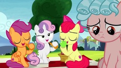 Size: 1280x720 | Tagged: safe, screencap, apple bloom, cozy glow, scootaloo, sweetie belle, earth pony, pegasus, pony, unicorn, g4, marks for effort, apple, basket, belly, carrot, cutie mark, cutie mark crusaders, female, filly, food, picnic, picnic basket, the cmc's cutie marks