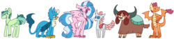 Size: 6609x1513 | Tagged: safe, artist:maxieforest, gallus, ocellus, sandbar, silverstream, smolder, yona, changedling, changeling, classical hippogriff, dragon, earth pony, griffon, hippogriff, pony, yak, g4, bow, chest fluff, cloven hooves, colored hooves, dragoness, ear piercing, eyes closed, female, grin, hair bow, hand on hip, high res, jewelry, line-up, male, monkey swings, necklace, open mouth, piercing, simple background, smiling, student six, teenager, transparent background