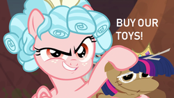 Size: 1280x720 | Tagged: safe, edit, edited screencap, screencap, cozy glow, twilight sparkle, pegasus, pony, frenemies (episode), g4, buy our toys, doll, female, filly, plushie, toy