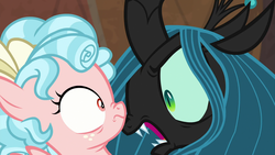 Size: 1920x1080 | Tagged: safe, screencap, cozy glow, queen chrysalis, changeling, changeling queen, pegasus, pony, frenemies (episode), g4, cozybuse, fangs, female, filly, foal, open mouth, wide eyes