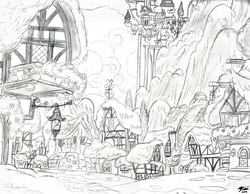 Size: 2396x1864 | Tagged: safe, artist:radiancebreaker, g4, canterlot castle, grayscale, house, monochrome, no pony, ponyville, town, traditional art