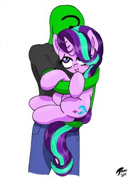 Size: 5469x7600 | Tagged: safe, artist:radiancebreaker, starlight glimmer, oc, oc:anon, pony, g4, absurd resolution, cute, duo, female, holding a pony, hug, mare, simple background, white background