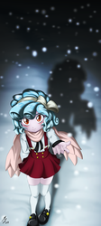 Size: 2024x4536 | Tagged: safe, artist:mauroz, cozy glow, human, equestria girls, g4, blushing, clothes, cozybetes, cute, equestria girls-ified, female, freckles, outdoors, pony coloring, scarf, shoes, smiling, snow, solo, weapons-grade cute, winged humanization, wings, young