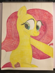 Size: 4032x3024 | Tagged: safe, fluttershy, pegasus, pony, g4, the super speedy cider squeezy 6000, bed, colored pencil drawing, female, heart, holiday, solo, traditional art, valentine, valentine's day