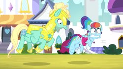 Size: 1702x957 | Tagged: safe, screencap, rainbow dash, zephyr breeze, pony, g4, sparkle's seven, clothes, confused, dress, ear piercing, earring, excited, eyes on the prize, funny face, jewelry, looking at butt, megaradash, no underwear, out of context, piercing, rainbow dash is best facemaker, royal guard zephyr breeze