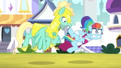 Size: 1702x957 | Tagged: safe, screencap, rainbow dash, zephyr breeze, pegasus, pony, g4, sparkle's seven, clothes, confused, dress, ear piercing, earring, excited, eyes on the prize, featureless crotch, funny face, jewelry, looking at butt, megaradash, no underwear, out of context, piercing, rainbow dash is best facemaker, royal guard zephyr breeze