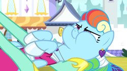 Size: 1702x957 | Tagged: safe, screencap, rainbow dash, zephyr breeze, pegasus, pony, g4, sparkle's seven, clothes, cute, dress, ear piercing, earring, funny face, jewelry, lol, megaradash, offscreen character, piercing, puffy cheeks, rainbow dash is best facemaker, scrunchy face, solo focus