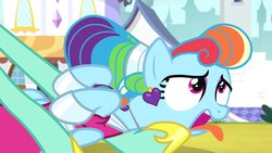 Size: 1702x957 | Tagged: safe, screencap, rainbow dash, zephyr breeze, pony, g4, sparkle's seven, alternate hairstyle, bleh, clothes, disgusted, dress, ear piercing, earring, funny face, jewelry, megaradash, open mouth, piercing, rainbow dash is best facemaker, rainbow dash is not amused, royal guard zephyr breeze, solo focus, tongue out, unamused
