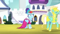 Size: 1702x957 | Tagged: safe, screencap, rainbow dash, zephyr breeze, pony, g4, sparkle's seven, clothes, dress, ear piercing, earring, grumpy, jewelry, megaradash, out of context, piercing, rainbow dash is not amused, royal guard zephyr breeze, unamused