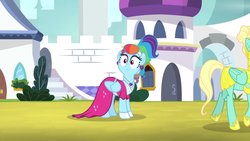 Size: 1702x957 | Tagged: safe, screencap, rainbow dash, zephyr breeze, pegasus, pony, g4, sparkle's seven, clothes, dress, ear piercing, earring, female, jewelry, male, mare, megaradash, piercing, royal guard zephyr breeze, spotted, stallion, surprised, wide eyes