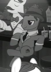 Size: 269x383 | Tagged: safe, screencap, engoulevent, pony, g4, sparkle's seven, background pony, bartender, clothes, cropped, cute, fedoraheart, grayscale, handsome, hat, leaning, leaning back, monochrome, noir, relaxed, short tail, sitting, sitting pretty, tuxedo